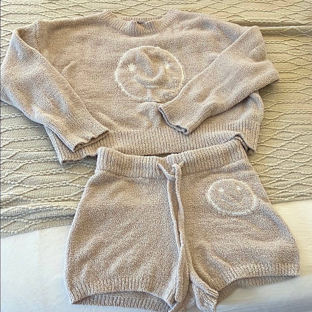 Cozy Beige Smiley Face Sweater and Shorts Set